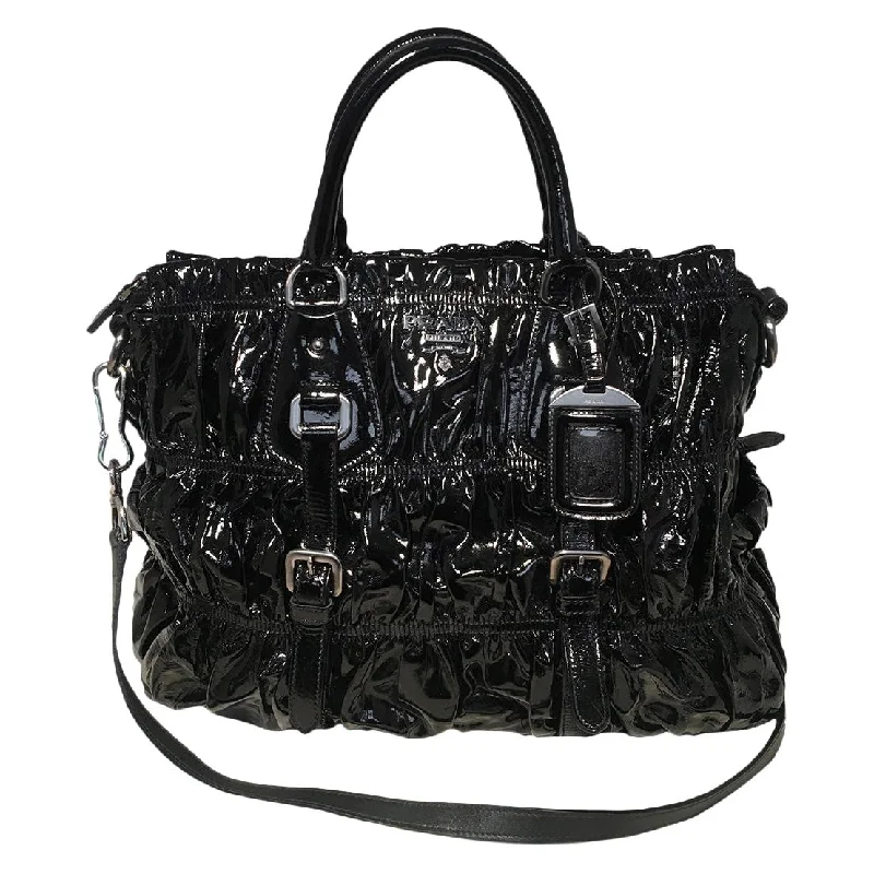 PRADA Black Patent Leather Gaufre Ruched Shoulder Bag Tote