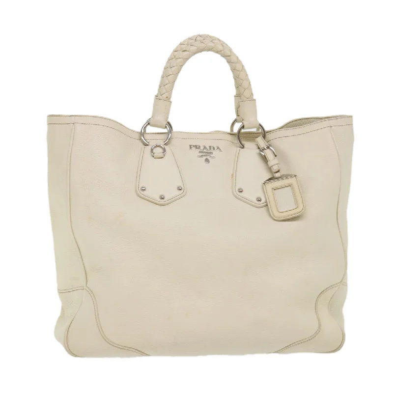 PRADA Hand Bag Leather White Auth ar9846