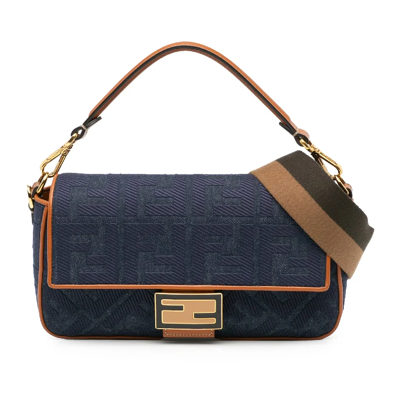 Blue Fendi Zucca Embroidered Denim Baguette Satchel