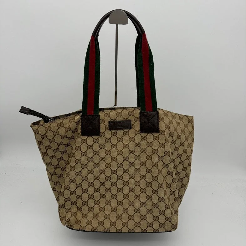 Gucci Canvas Tote Bag Beige Red Green Handle Medium