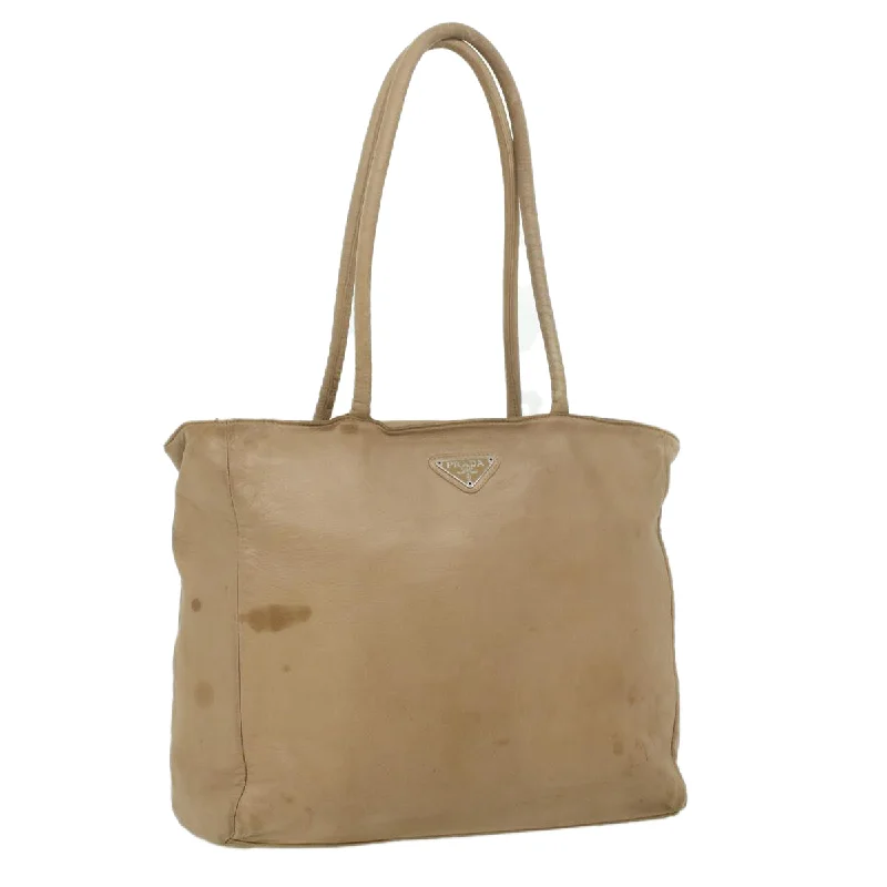 PRADA Tote Bag Lamb Skin Beige Auth ar8449