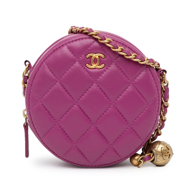 Hot Pink Chanel CC Quilted Lambskin Pearl Crush Round Clutch with Chain Crossbody Bag