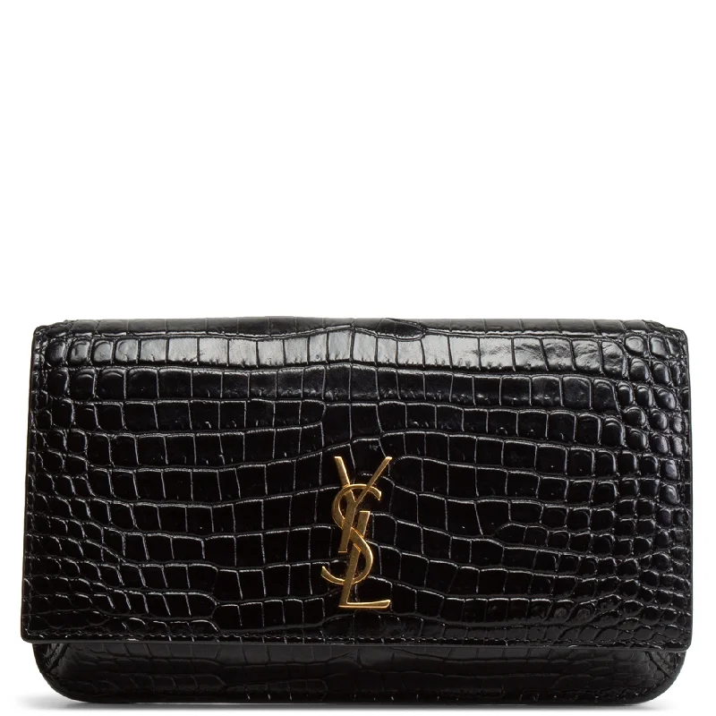 SAINT LAURENT Croc Embossed Cassandre Phone Holder - Black