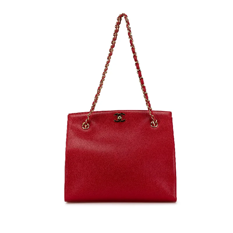 Red Chanel CC Caviar Turn Lock Chain Tote