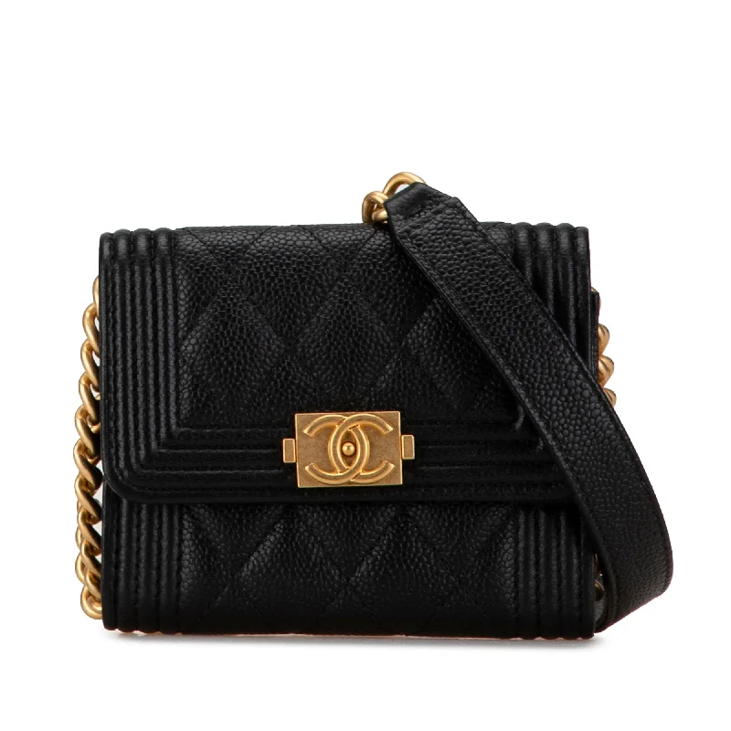 Black Chanel Quilted Caviar Boy Card Holder with Chain Crossbody Bag