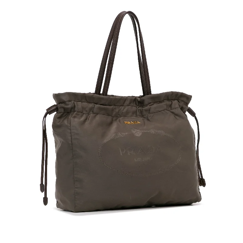 Brown Prada Logo Tessuto Drawstring Tote Bag