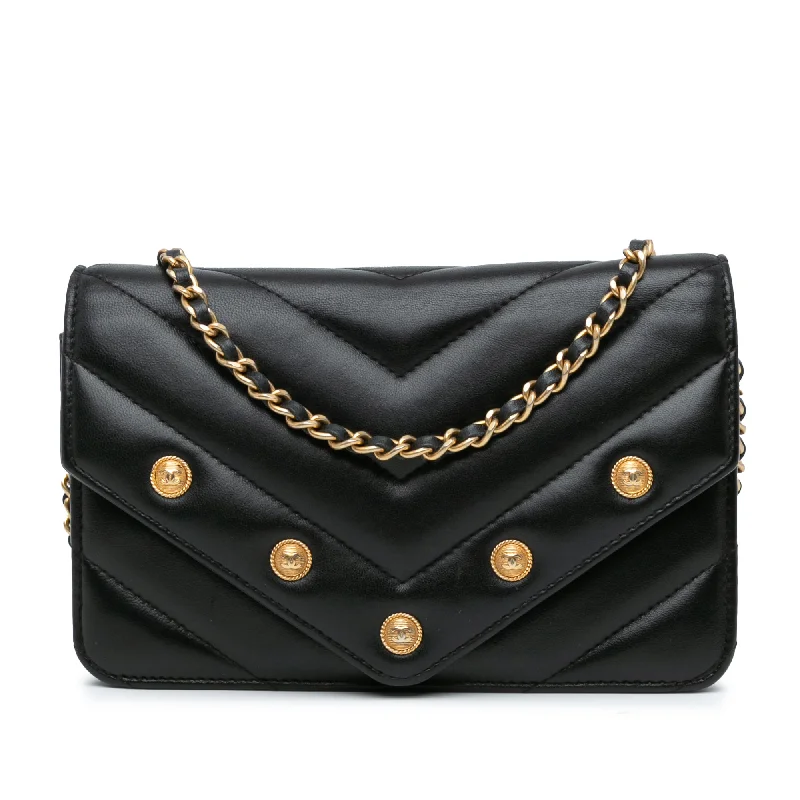 Black Chanel Chevron Lambskin Button Wallet On Chain Crossbody Bag