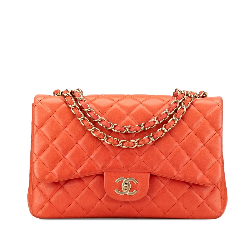 Orange Chanel Jumbo Classic Lambskin Single Flap Shoulder Bag