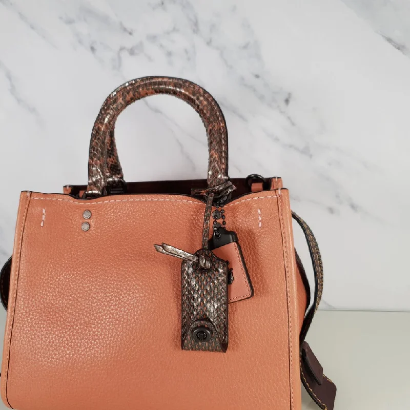 Coach 1941 Rogue 25 in Melon with Snakeskin Handles - Shoulder Bag Handbag in Pebble Leather Pink Salmon Peach