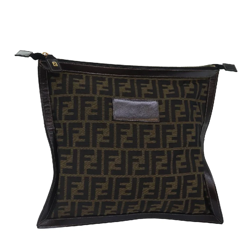 FENDI Zucca Canvas Clutch Bag Brown Black gold  84616