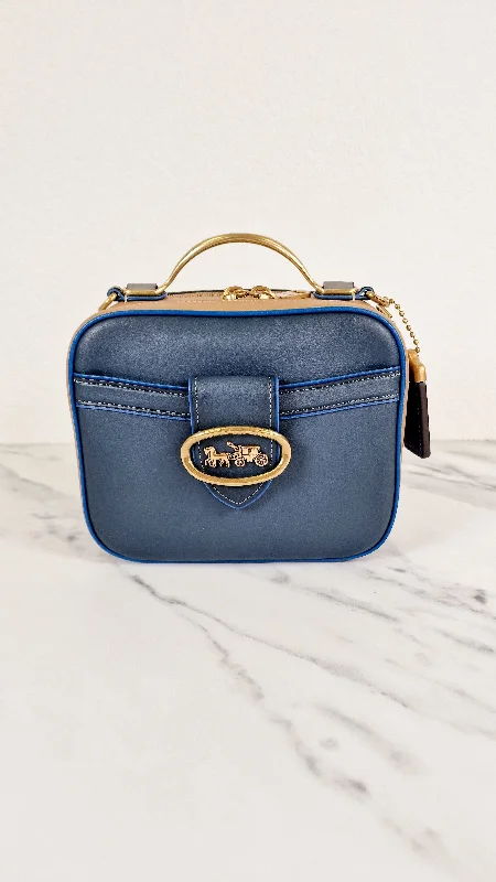 Coach 1941 Riley Lunchbox Bag in Dark Denim Blue Smooth Leather Colorblock Tophandle Crossbody Bag - Coach 704