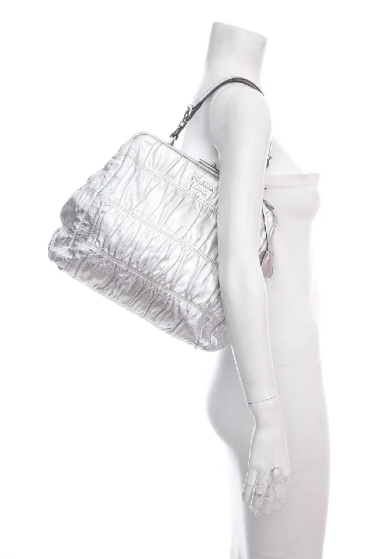 Prada Silver Leather Top Handle Handbag