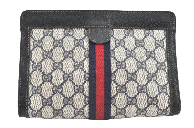 Authentic GUCCI Sherry Line Clutch Hand Bag Purse GG PVC Leather Navy Junk 5703K