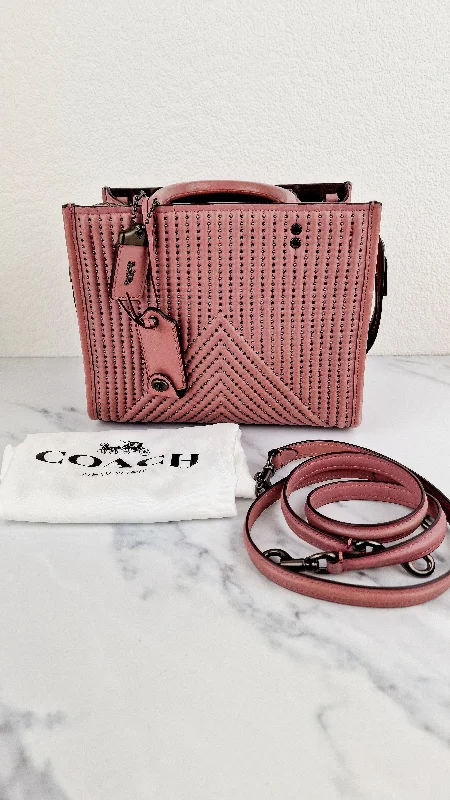 Coach 1941 Rogue 25 in Dusty Rose Pink Quilted Studded Chevron Smooth Nappa Leather - Shoulder Bag Handbag - Coach 22797