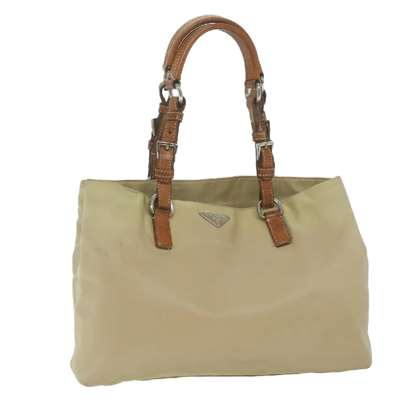 PRADA Tote Bag Nylon Beige Auth yb466