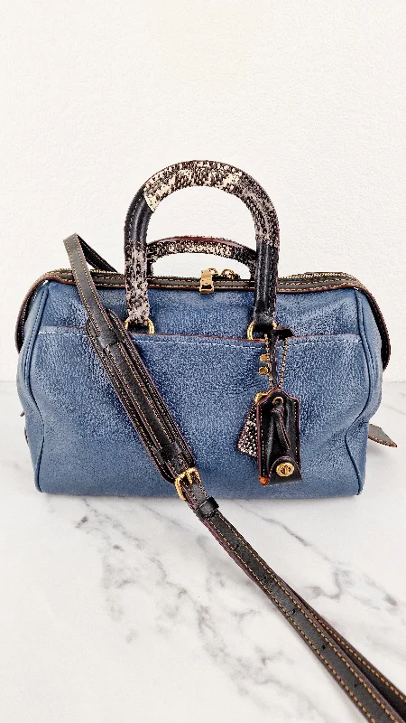 RARE Coach 1941 Rogue Satchel in Dark Denim with Colorblock Patchwork Snakeskin Handles - Barrel Bag - Coach 58690