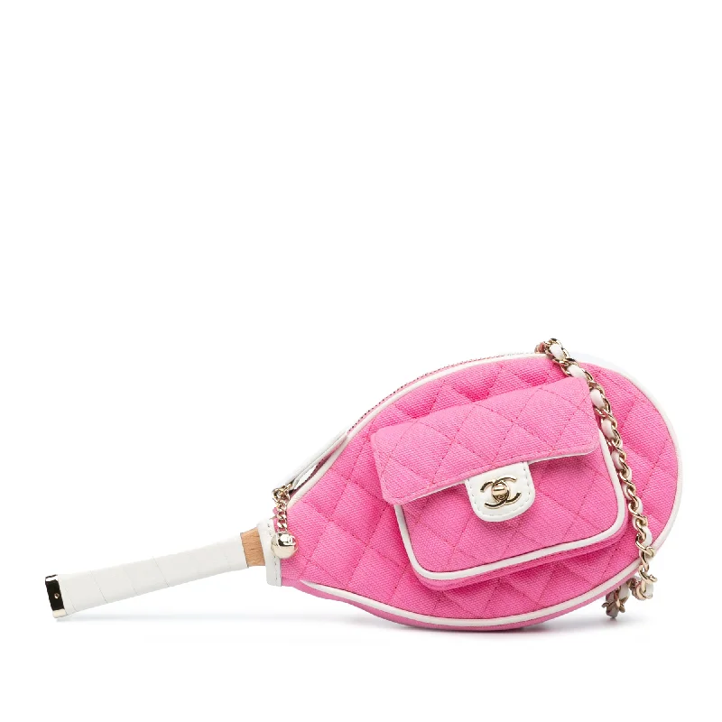 Pink Chanel Canvas Tennis Racket Mirror and Crossbody Set