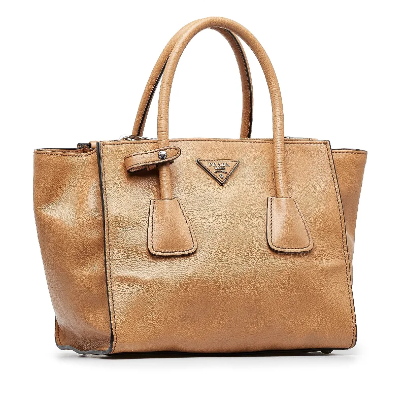 Tan Prada City Calf Double Zip Tote