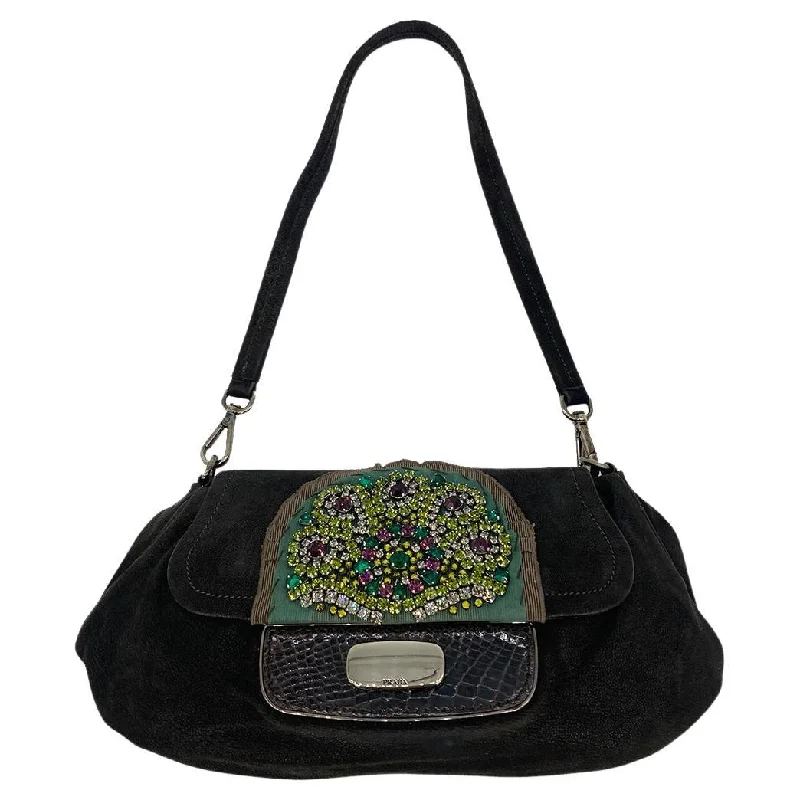 PRADA Black Suede Rhinestone Alligator Flap Shoulder Bag