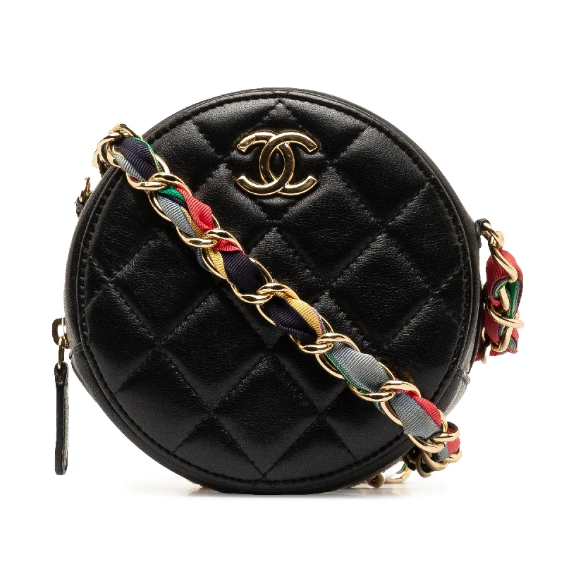 Black Chanel CC Quilted Lambskin Ribbon Round Clutch With Chain Crossbody Bag