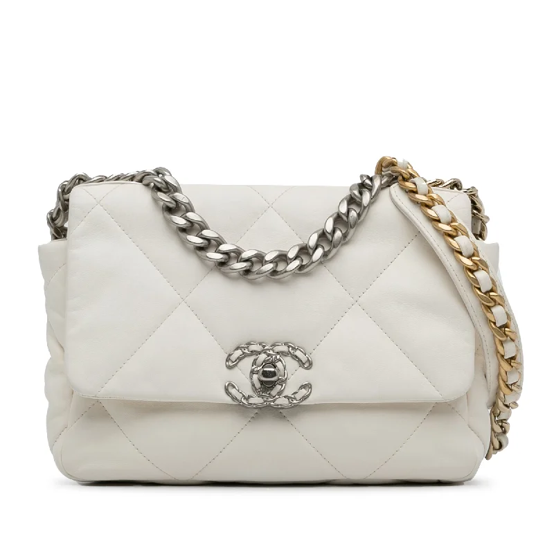 White Chanel Medium Lambskin 19 Flap Satchel