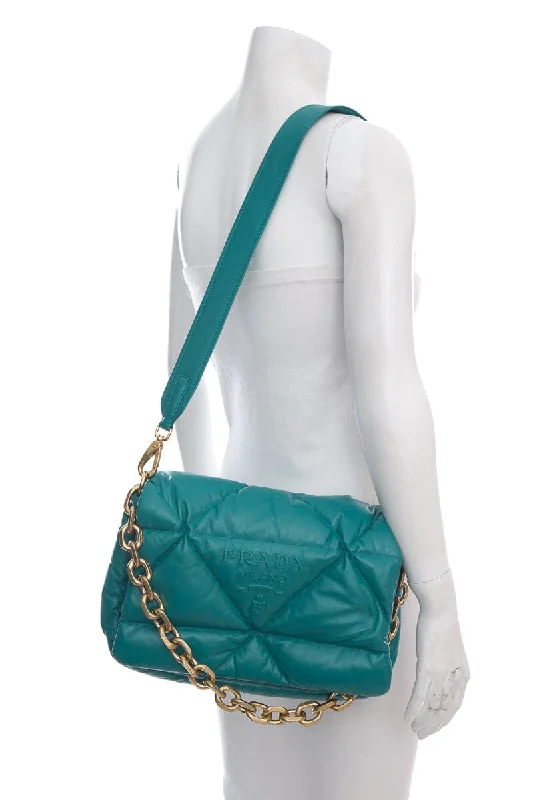 Prada Teal Puffed Leather Patchwork Handbag with Gold Strap