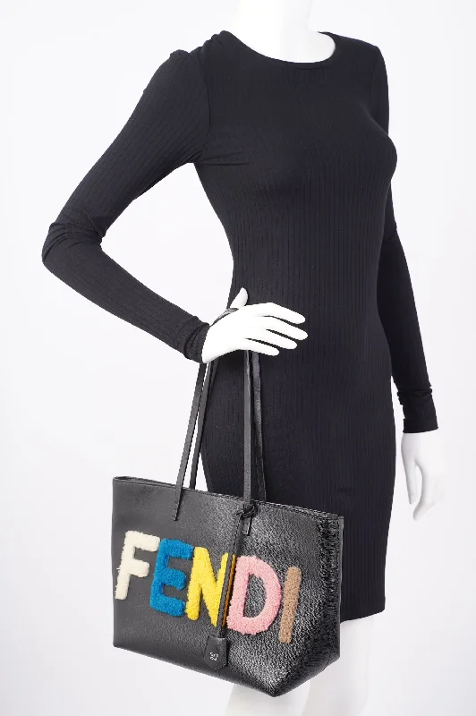 Fendi Logo Roll Tote Black Leather / Shearling Large