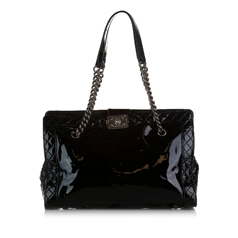 Black Chanel Patent Boy Reverso Shopping Tote