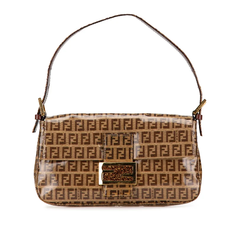 Brown Fendi Zucchino Crystal Baguette Shoulder Bag