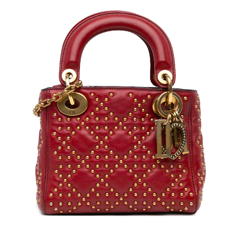 Red Dior Mini Lambskin Cannage Studded Supple Lady Dior Satchel