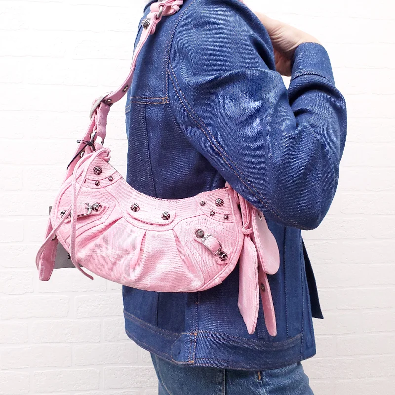 BALENCIAGA PINK DENIM BB MONOGRAM LE CAGOLE SHOULDER BAG