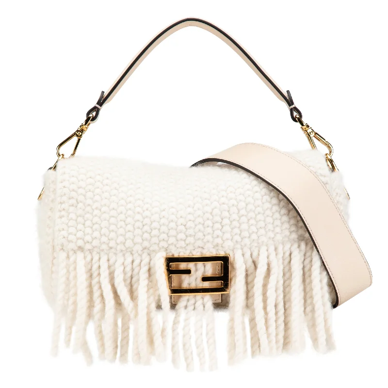 White Fendi Knitted Wool Fringe Baguette Satchel