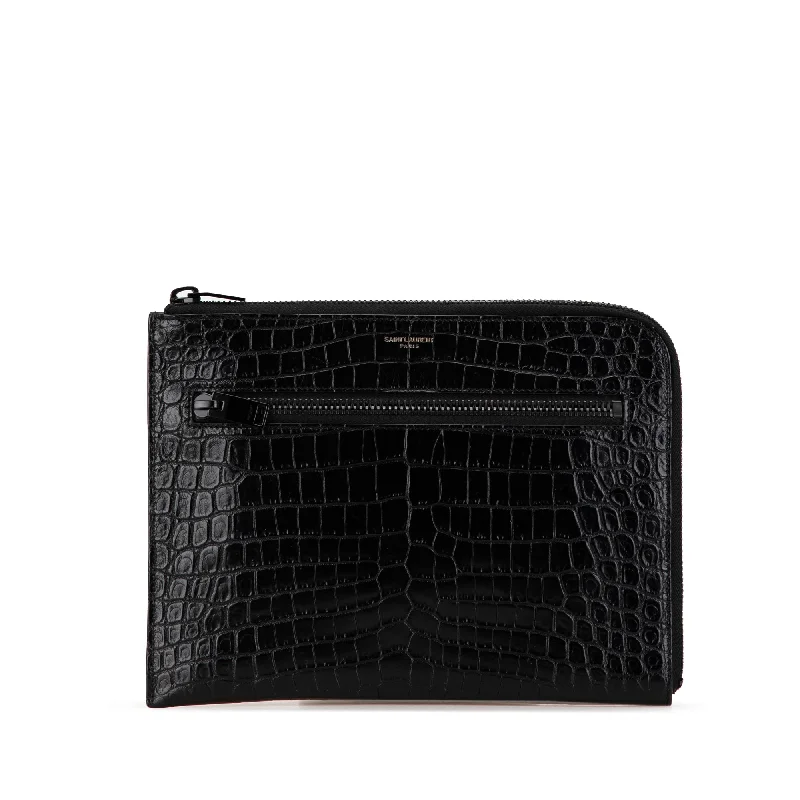 Black Saint Laurent Croc Embossed Leather Clutch