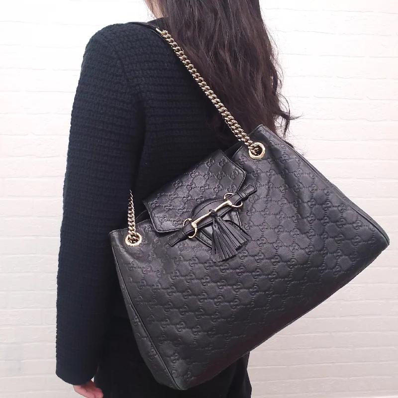 GUCCI BLACK LEATHER EMBOSSED TOTE