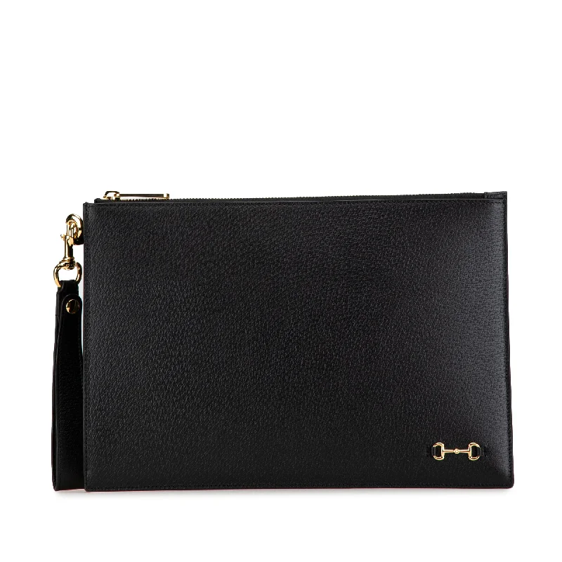 Black Gucci Leather Horsebit 1955 Zip Clutch