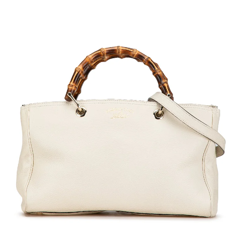 White Gucci Medium Calfskin Bamboo Shopper Satchel