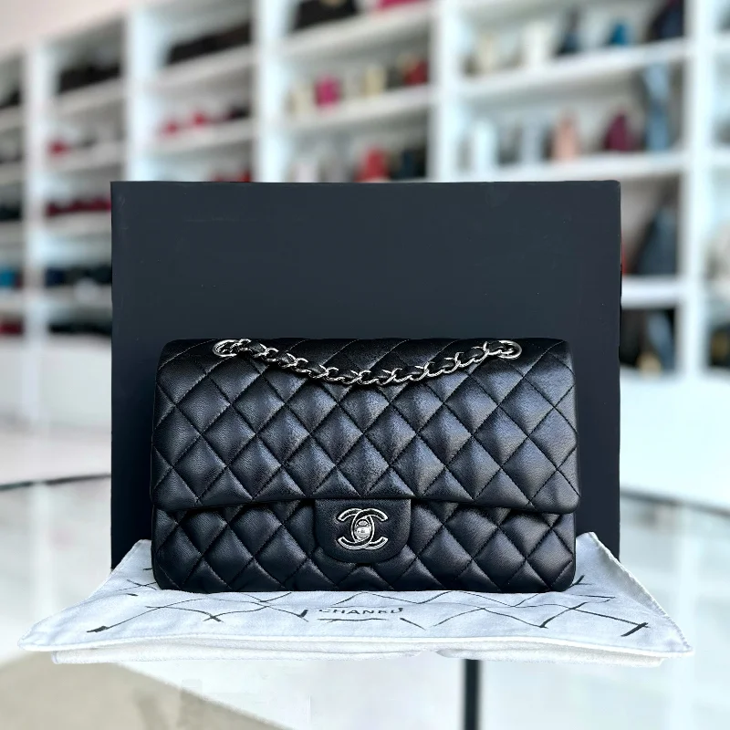 Double Flap Quilted Lambskin Black Silver Hardware Series 19