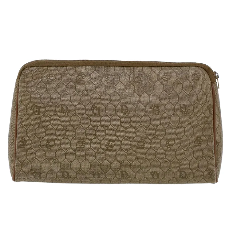 CHRISTIAN DIOR Honeycomb Canvas Clutch Bag PVC Leather Beige Auth ar9839