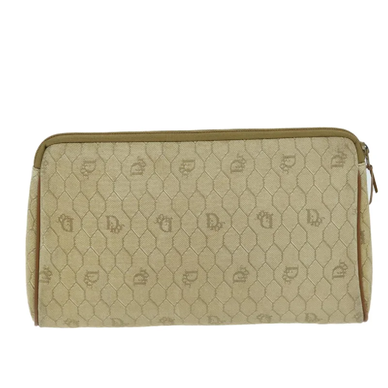 CHRISTIAN DIOR Honeycomb Canvas Clutch Bag PVC Leather Beige Auth bs14451