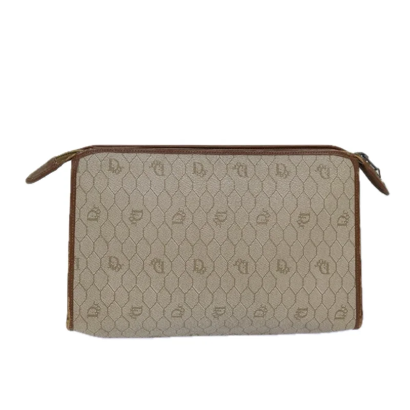 CHRISTIAN DIOR Honeycomb Canvas Clutch Bag PVC Leather Beige Auth ti1771