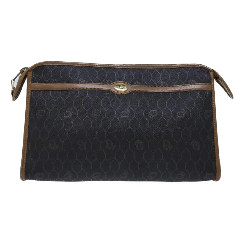 CHRISTIAN DIOR Honeycomb Canvas Clutch Bag PVC Leather Black Auth ac2956