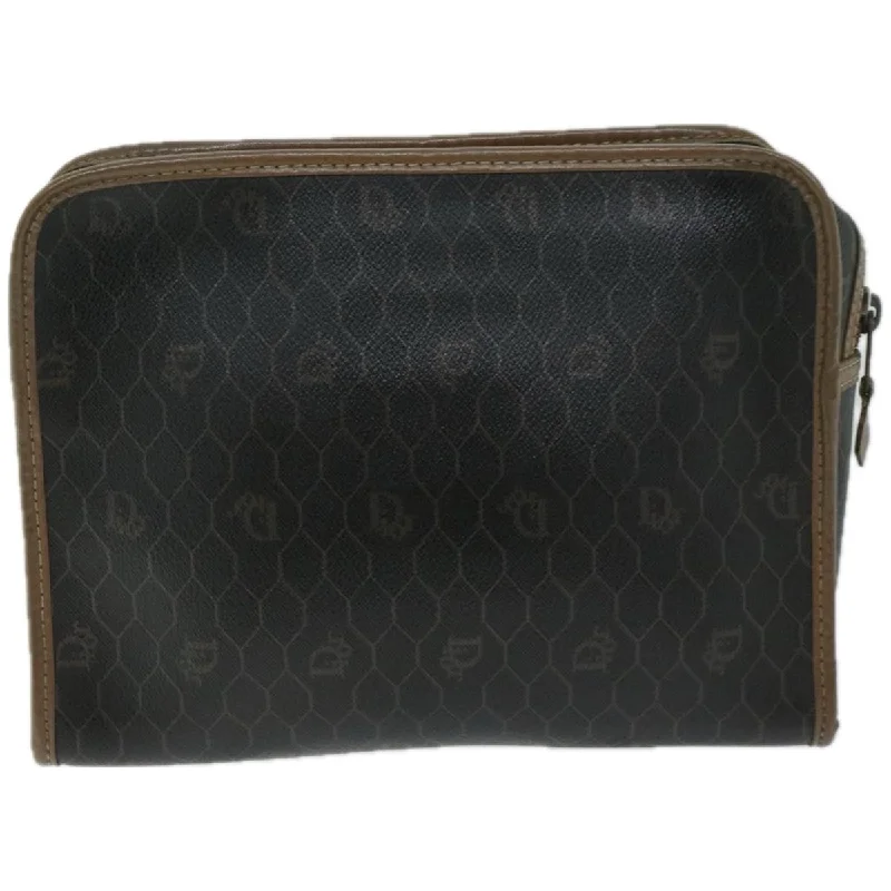 CHRISTIAN DIOR Honeycomb Canvas Clutch Bag PVC Leather Black Auth fm3258