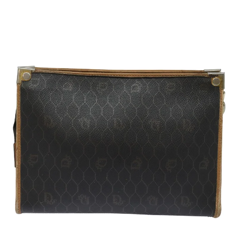 CHRISTIAN DIOR Honeycomb Canvas Clutch Bag PVC Leather Black Brown Auth ti1770