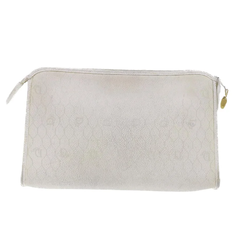 CHRISTIAN DIOR Honeycomb Canvas Clutch Bag White Auth am4852